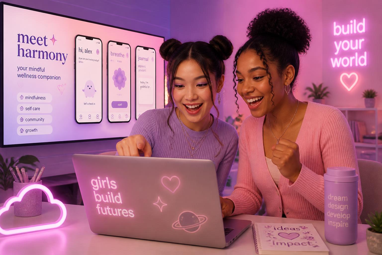 Girls collaborating on a digital project at a laptop